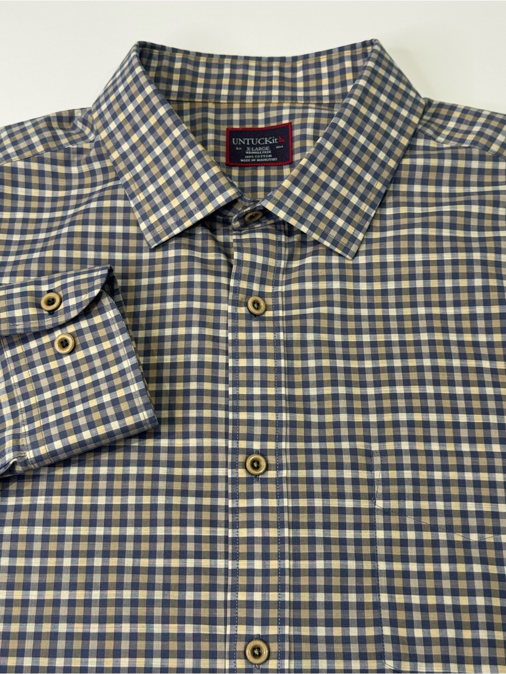 UNTUCKit Martin Ray Men's XL Long Sleeve Button Down Tan Blue Plaid 100% Cotton